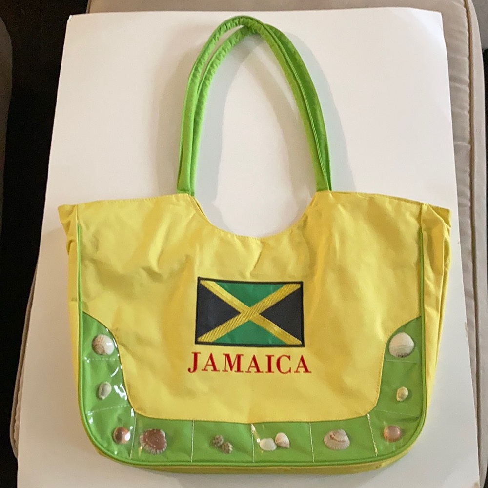 Beach Tote Bag Yellow Jamaica Spell Out Seashell Detail Zip Close